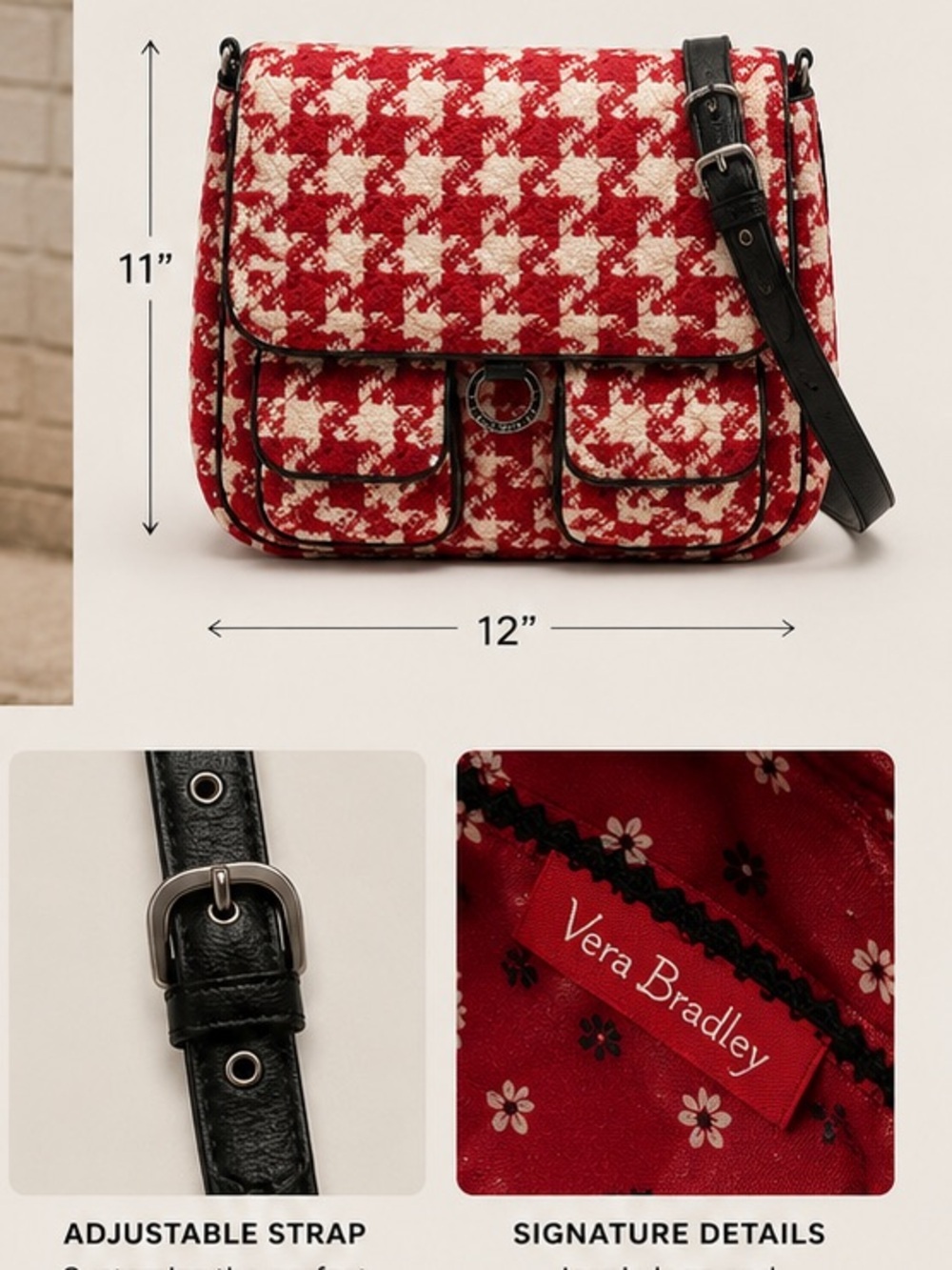 Vera Bradley Houndstooth Crossbody Bag with Adjustable Black Strap 11”x12”